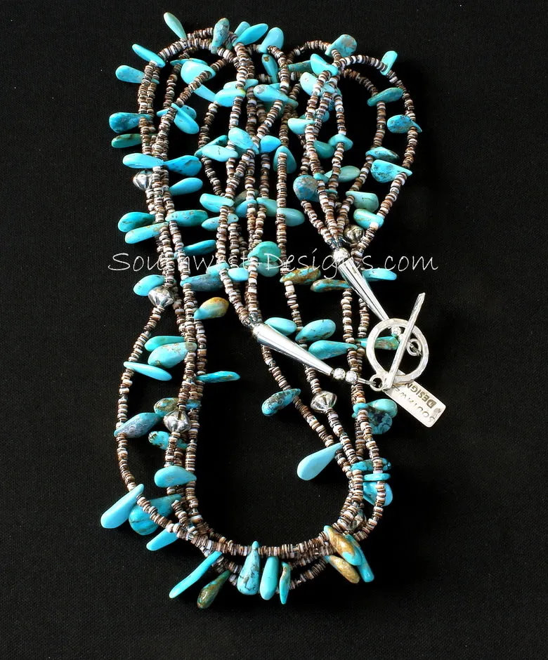 Sleeping Beauty Turquoise and Oyster Shell Heishi 4-Strand Necklace with Fluted Sterling Silver Bicones and Sterling Cones & Toggle Clasp