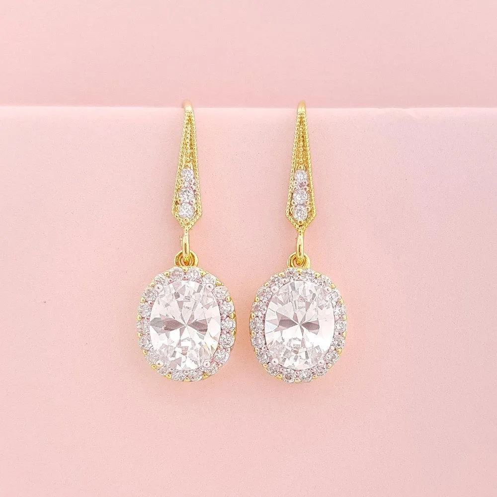 Small Gold Dangle Earrings With Oval CZ Drops-Emily