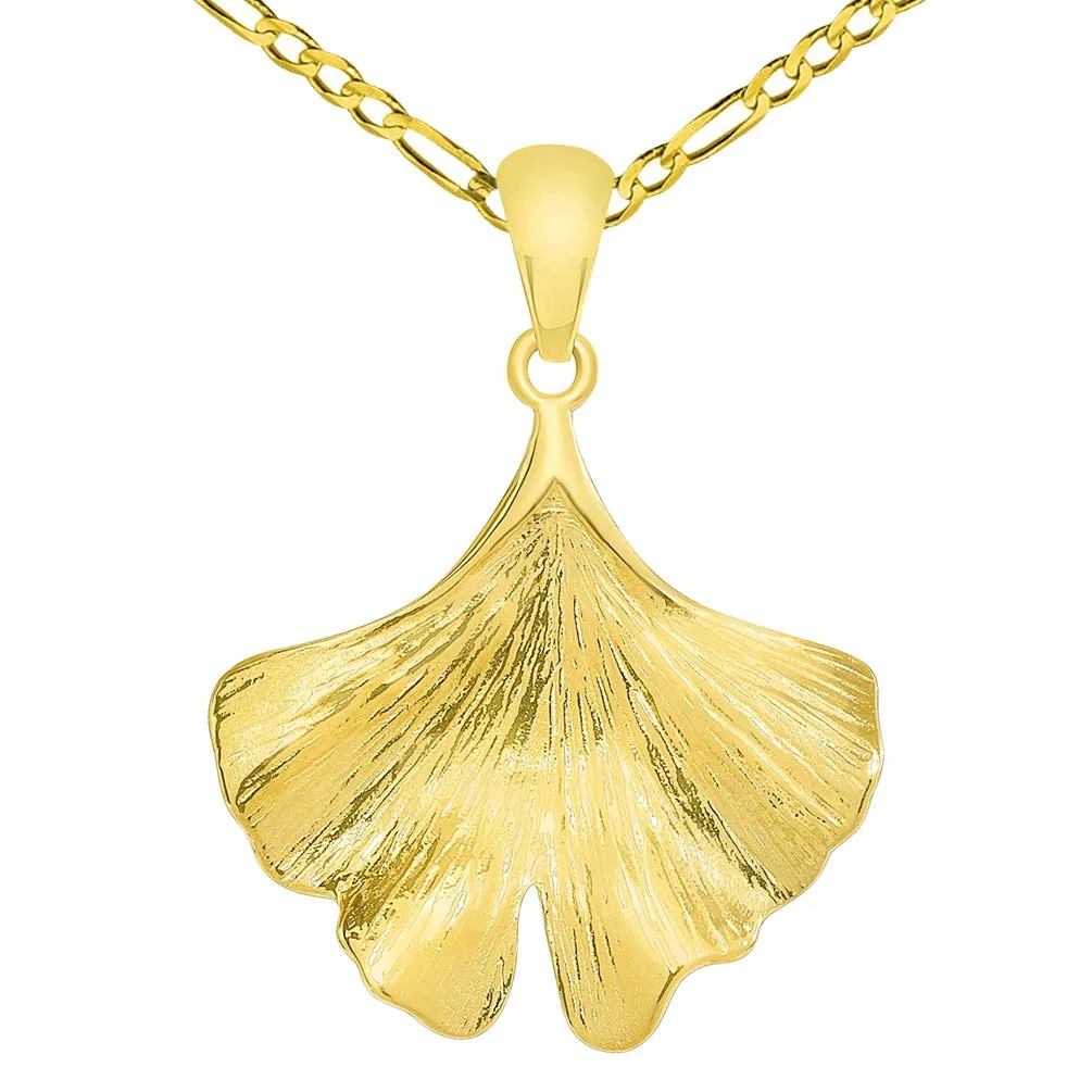 Solid 14k Yellow Gold Japanese Ginkgo Biloba Leaf Pendant Necklace Available with Cable, Curb, or Figaro Chain