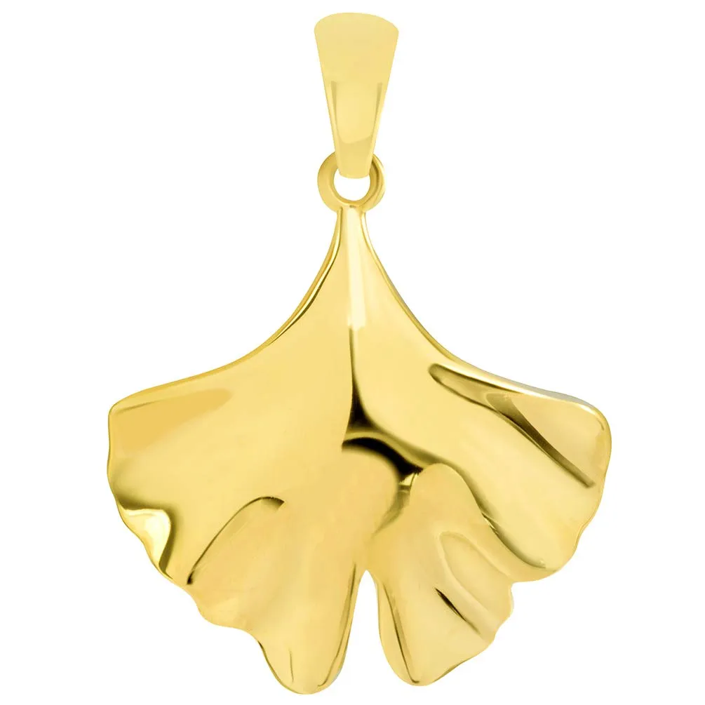 Solid 14k Yellow Gold Japanese Ginkgo Biloba Leaf Pendant Necklace Available with Cable, Curb, or Figaro Chain