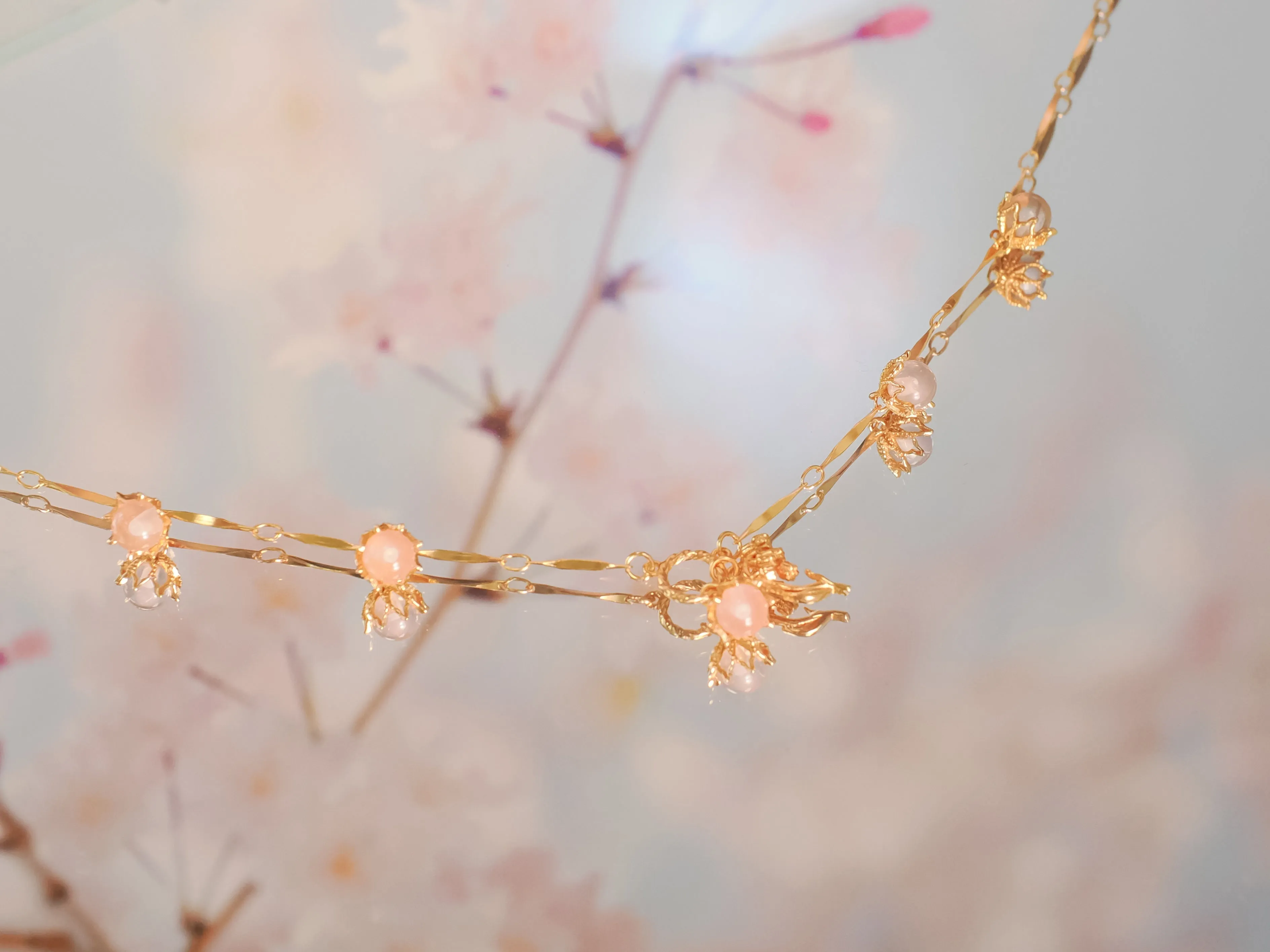 (Special Edition) Moonstone, Sunstone, Amethyst, Blue Topaz, Rose Quartz Gold Dangle Choker - Lily of the Valley