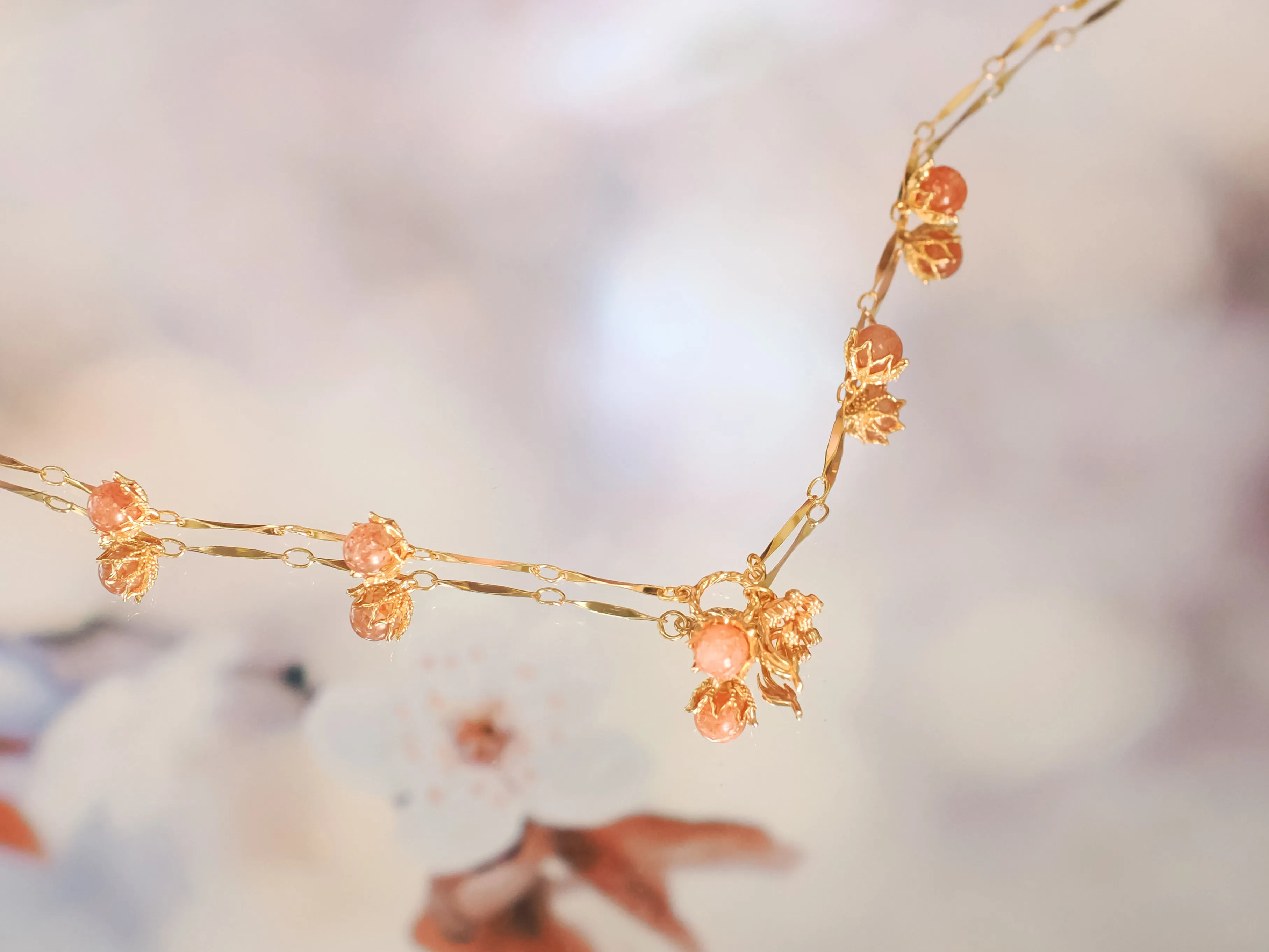 (Special Edition) Moonstone, Sunstone, Amethyst, Blue Topaz, Rose Quartz Gold Dangle Choker - Lily of the Valley