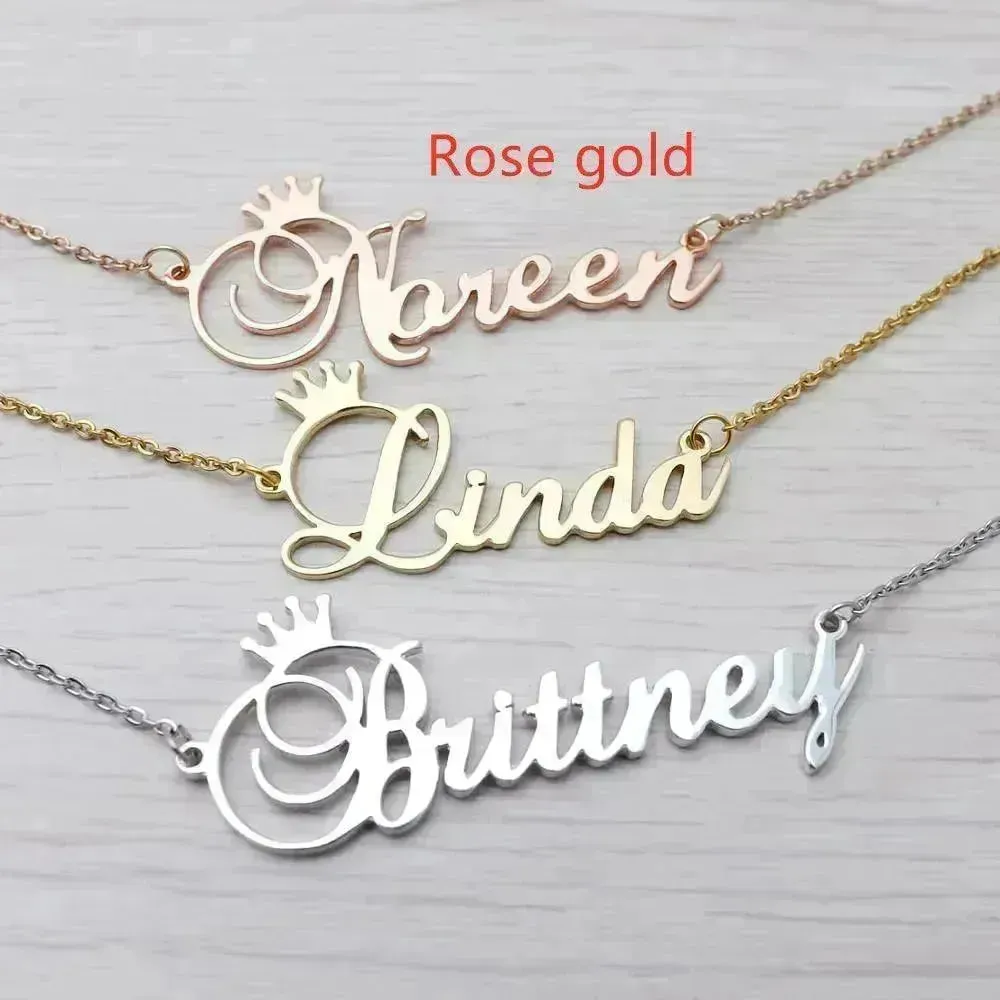 Stainless steel name letter custom crown necklace metal jewelry