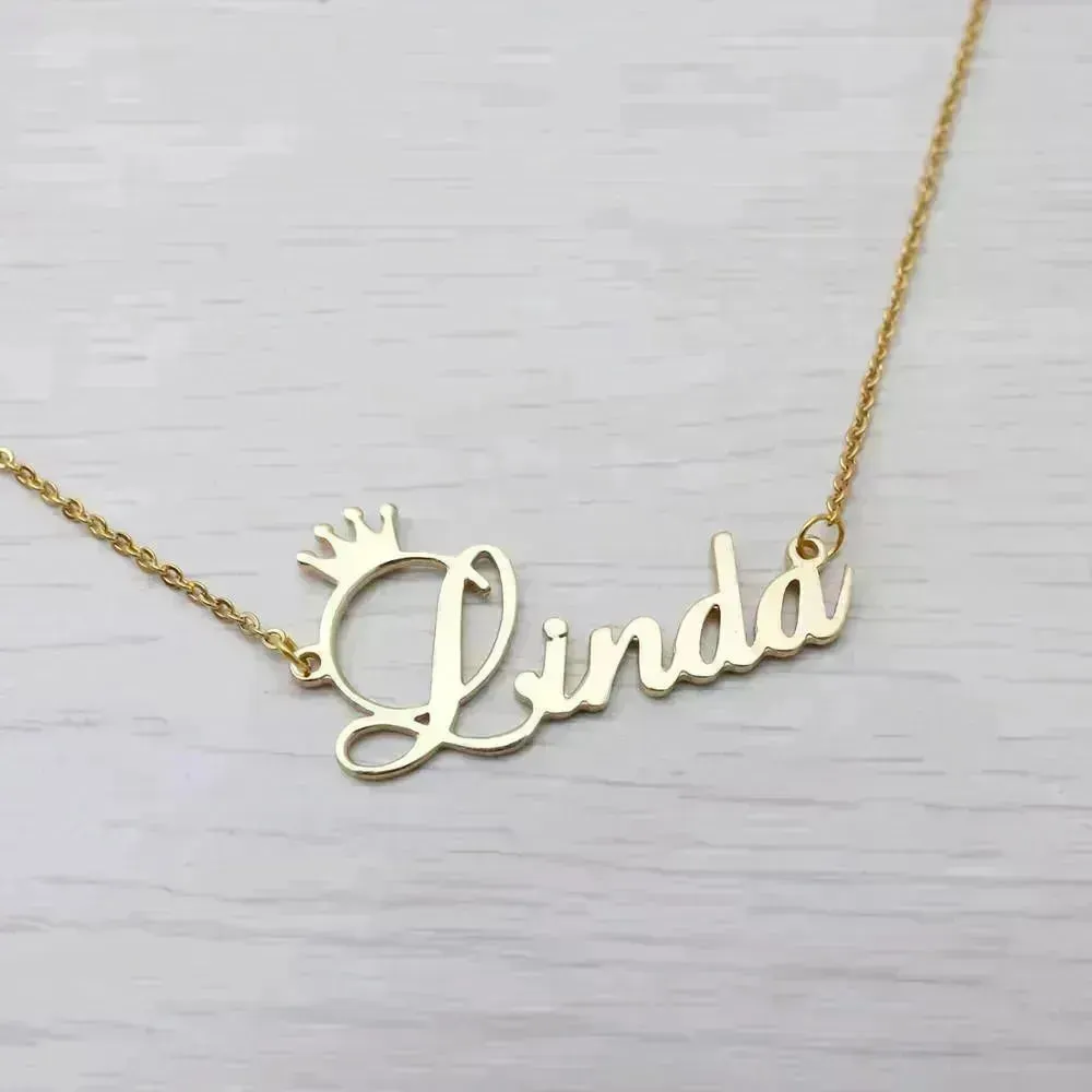 Stainless steel name letter custom crown necklace metal jewelry