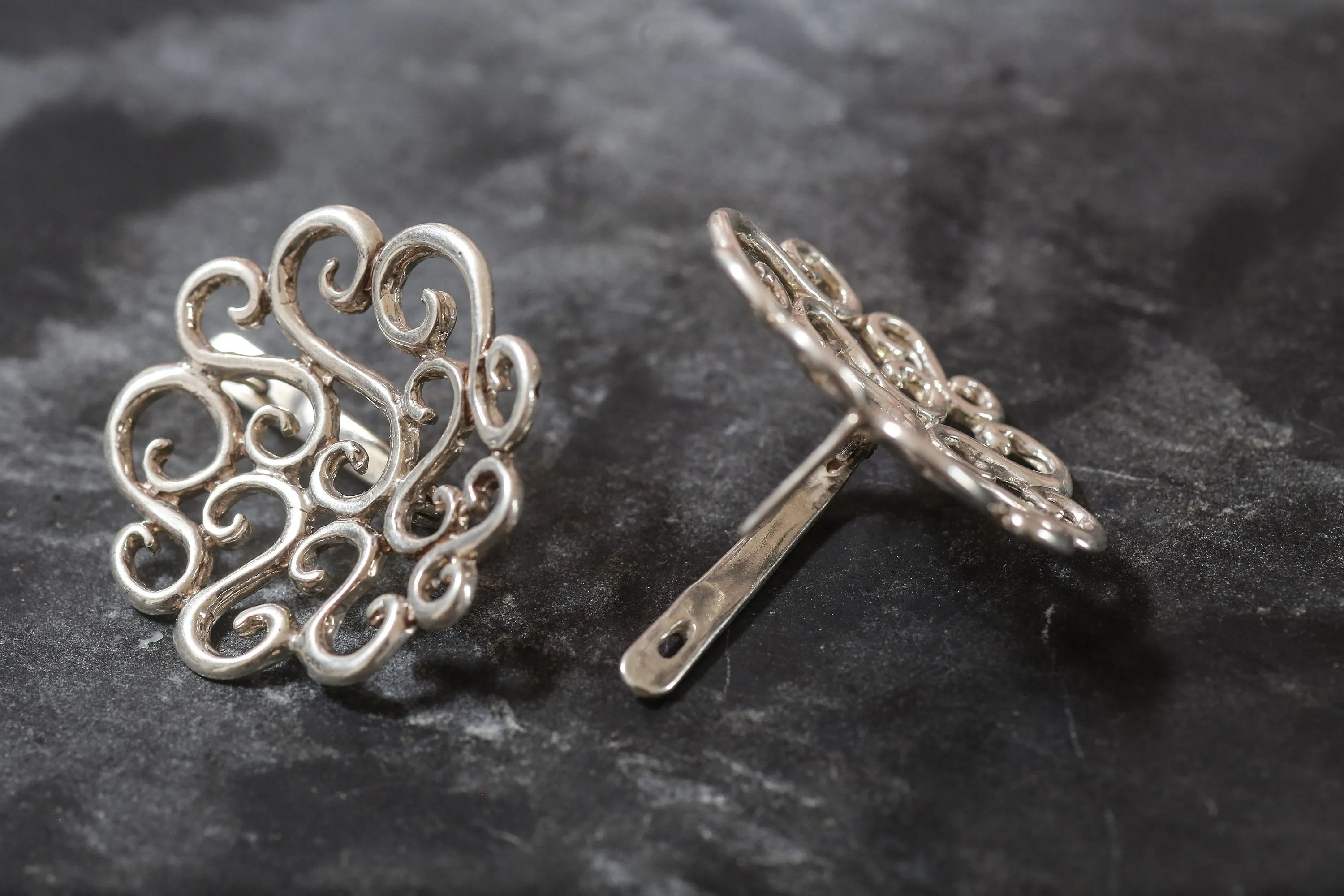 Statement Flower Earrings - Silver Heavy Earrings - Vintage Drop Earrings