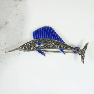 Sterling & Marcasite Sailfish Brooch with Enameled Fins