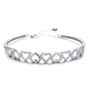 Sterling Silver & Swarovski Crystal Hearts Bangle Adjustable Bracelet