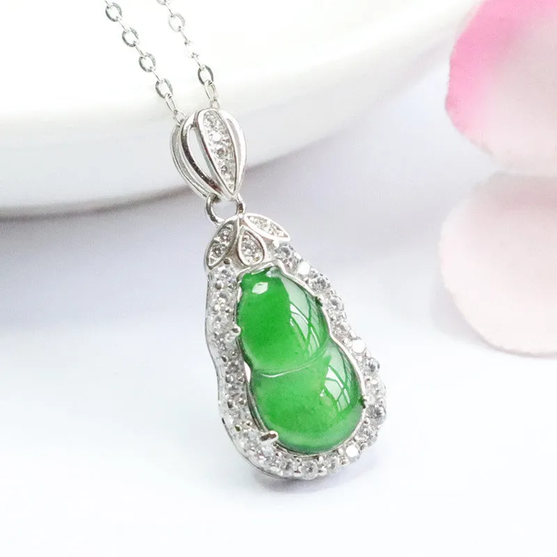 Sterling Silver Lucky Green Gourd Pendant Necklace with Zircon Leaf Accents