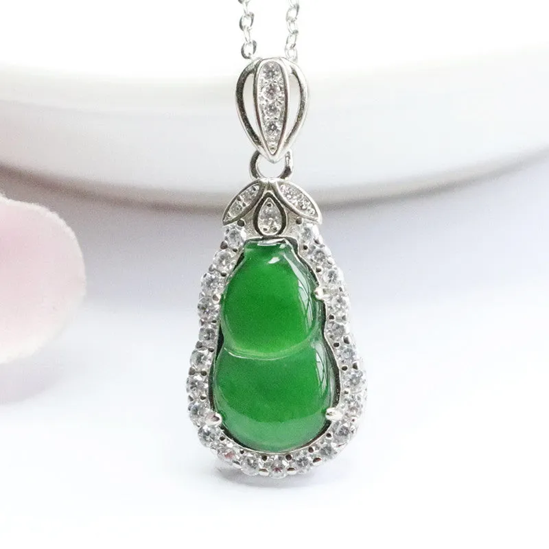 Sterling Silver Lucky Green Gourd Pendant Necklace with Zircon Leaf Accents