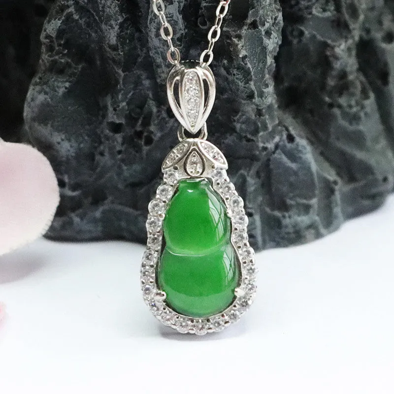 Sterling Silver Lucky Green Gourd Pendant Necklace with Zircon Leaf Accents