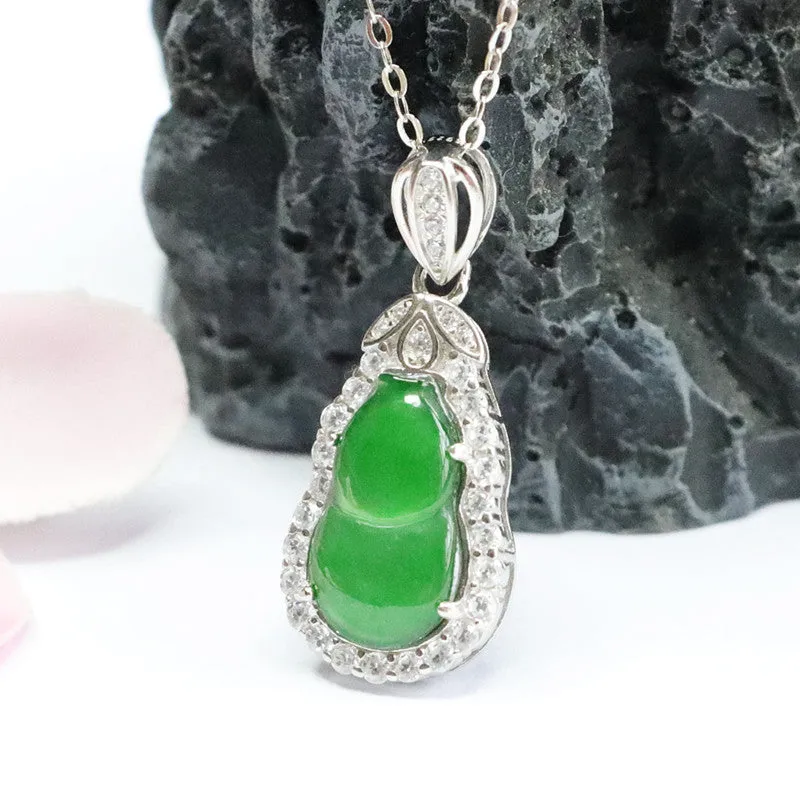 Sterling Silver Lucky Green Gourd Pendant Necklace with Zircon Leaf Accents