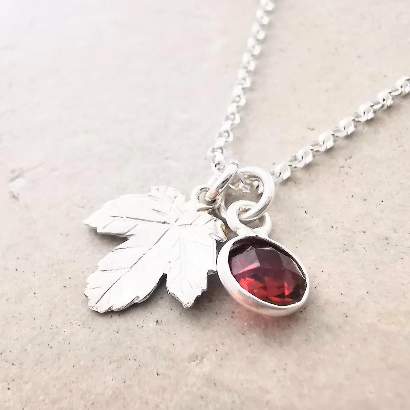 Sterling Silver Maple Leaf and Gemstone Pendant Necklace