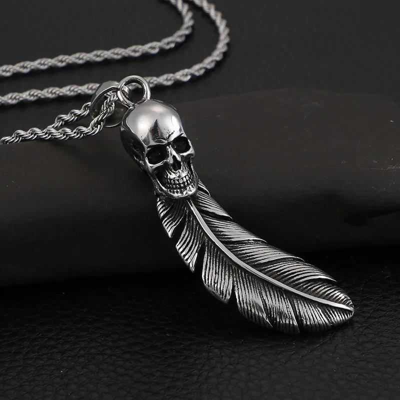 Stylish Men's Stainless Steel Skull and Feather Pendant