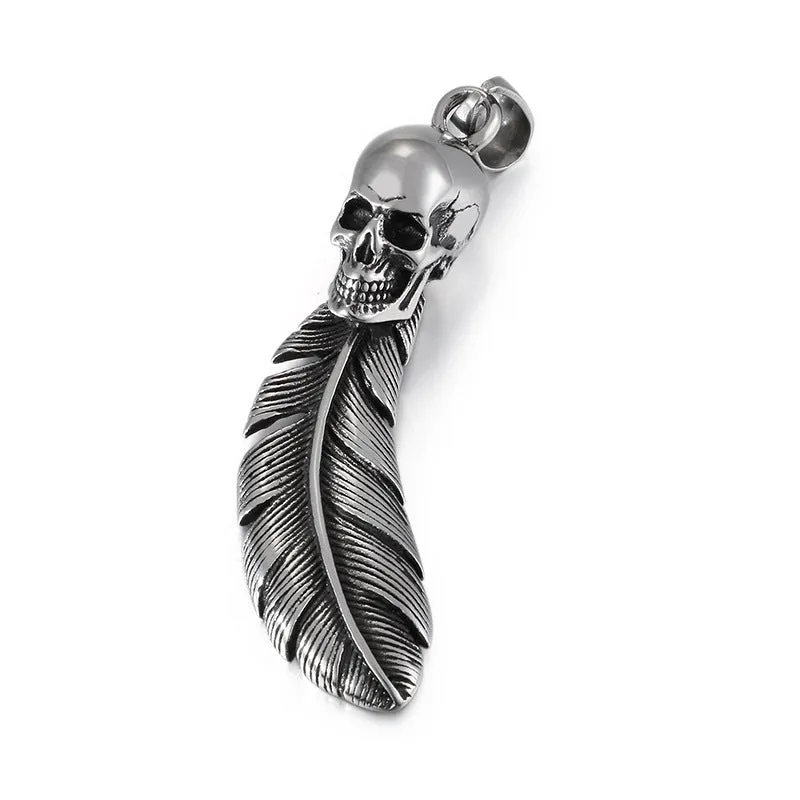 Stylish Men's Stainless Steel Skull and Feather Pendant