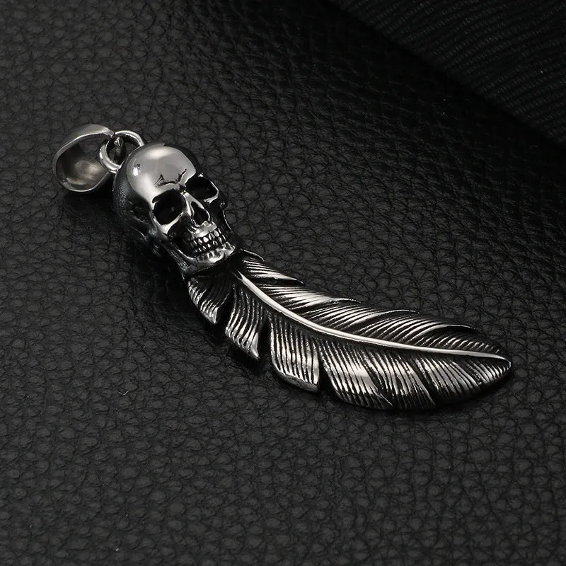 Stylish Men's Stainless Steel Skull and Feather Pendant