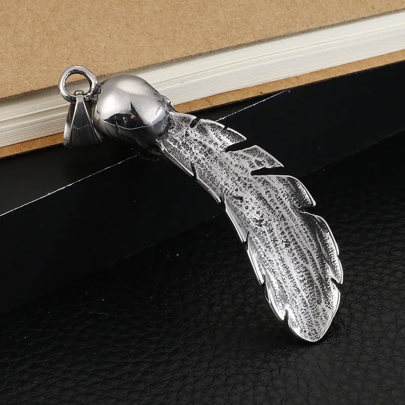 Stylish Men's Stainless Steel Skull and Feather Pendant