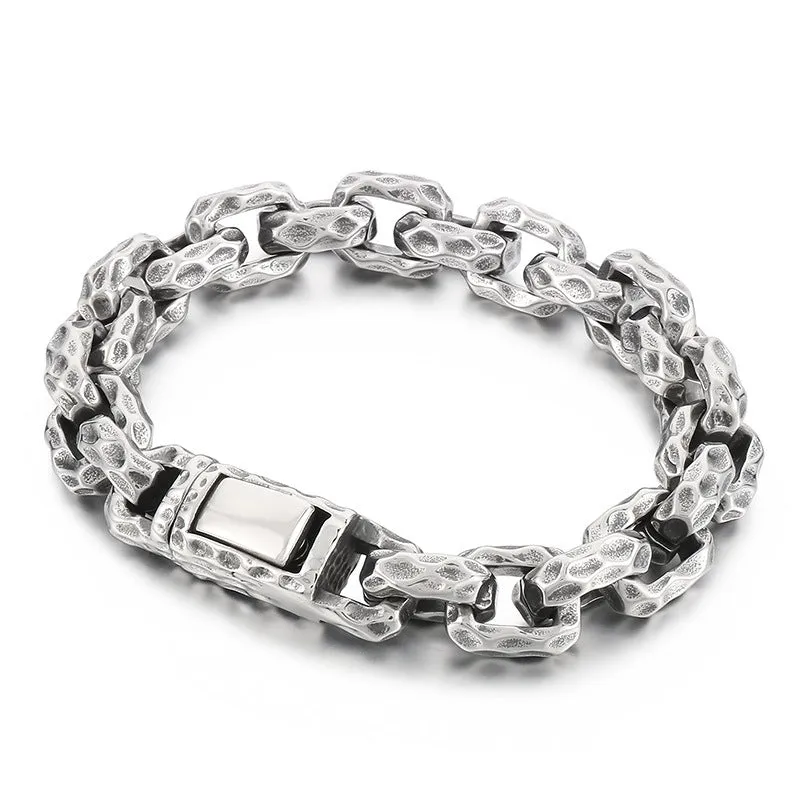 Trendy Hammered Titanium Steel Men's Bracelet - Personalized Locomotive-Inspired Square Design