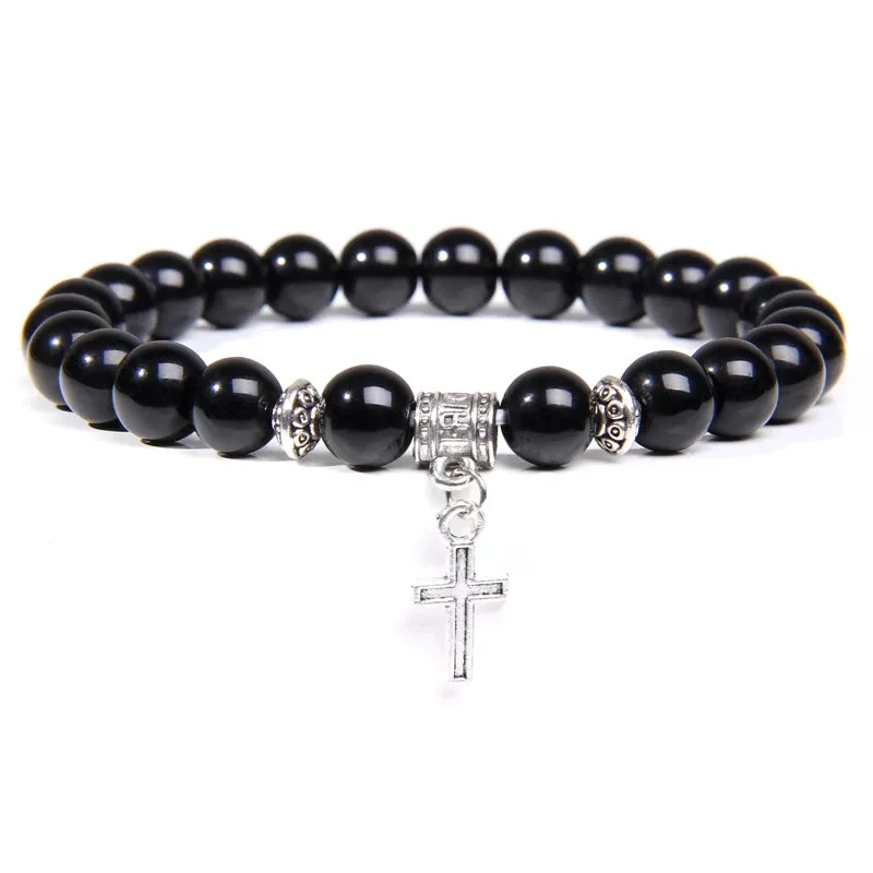 Trendy Men Beads Bracelet Slivers Color Cross Pendant Bracelet Natural Stone Bracelets Charm for Women Healing Prayer Jewelry