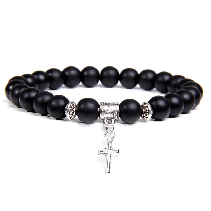 Trendy Men Beads Bracelet Slivers Color Cross Pendant Bracelet Natural Stone Bracelets Charm for Women Healing Prayer Jewelry