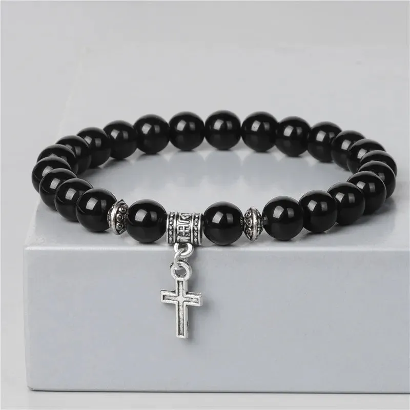 Trendy Men Beads Bracelet Slivers Color Cross Pendant Bracelet Natural Stone Bracelets Charm for Women Healing Prayer Jewelry