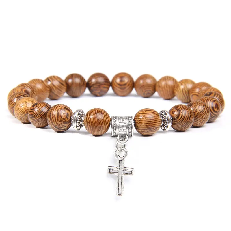 Trendy Men Beads Bracelet Slivers Color Cross Pendant Bracelet Natural Stone Bracelets Charm for Women Healing Prayer Jewelry