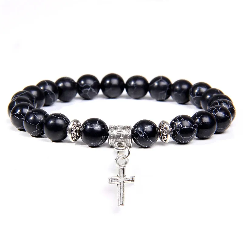 Trendy Men Beads Bracelet Slivers Color Cross Pendant Bracelet Natural Stone Bracelets Charm for Women Healing Prayer Jewelry