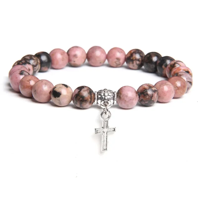 Trendy Men Beads Bracelet Slivers Color Cross Pendant Bracelet Natural Stone Bracelets Charm for Women Healing Prayer Jewelry