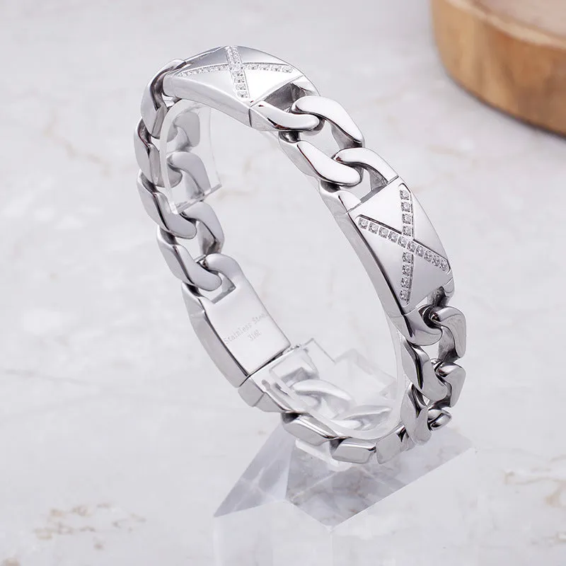 Trendy Titanium Steel Men's Bracelet with Zircon Snap Design