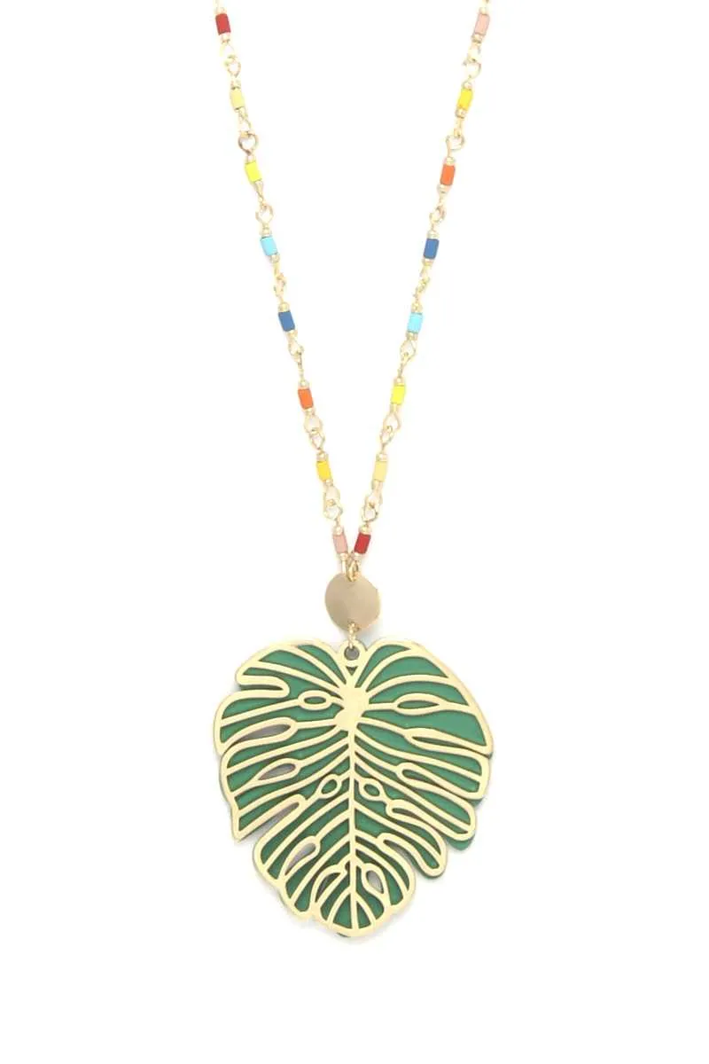 Tropical Leaf Pendant Beaded Long Necklace