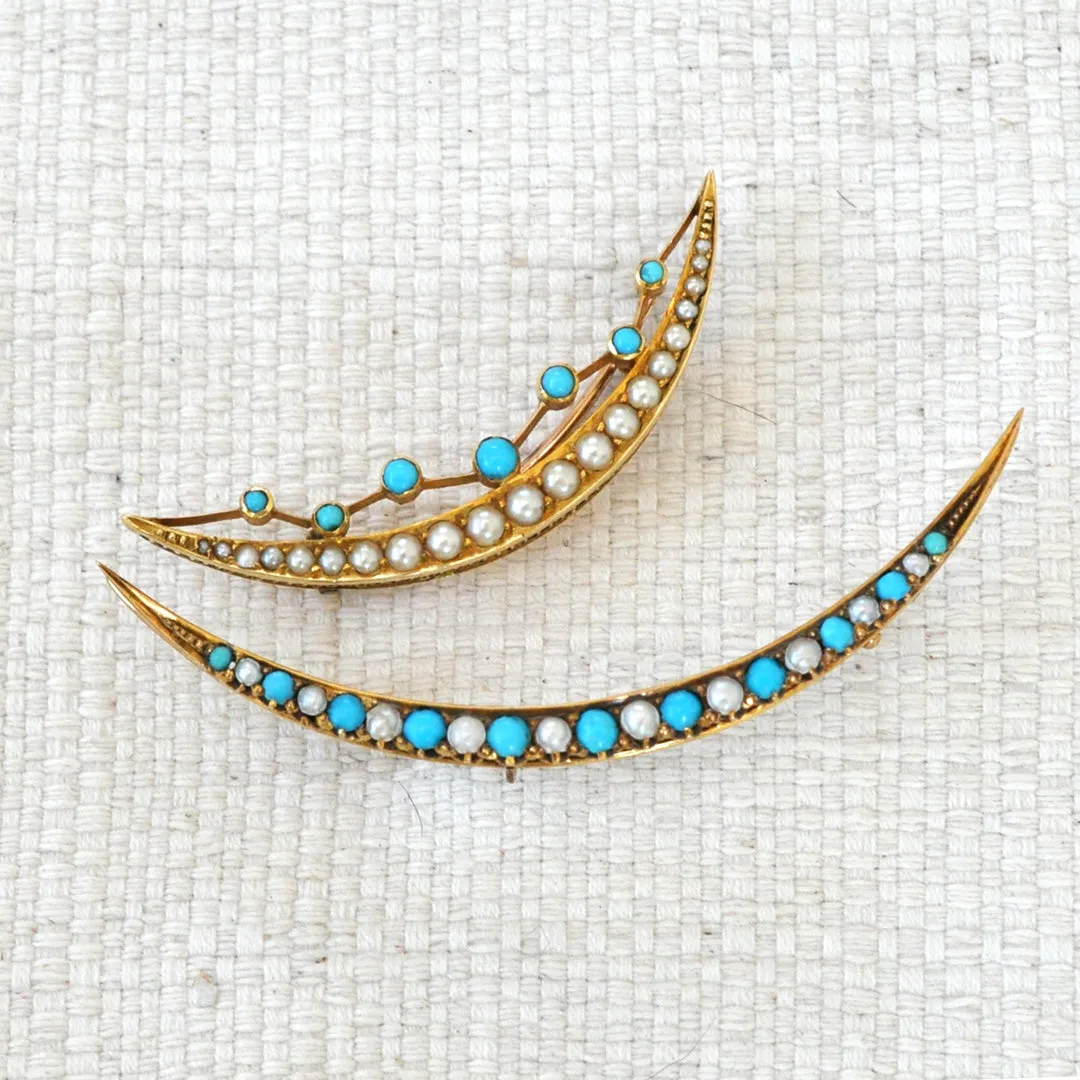 Turquoise & Pearl Crescent Brooch