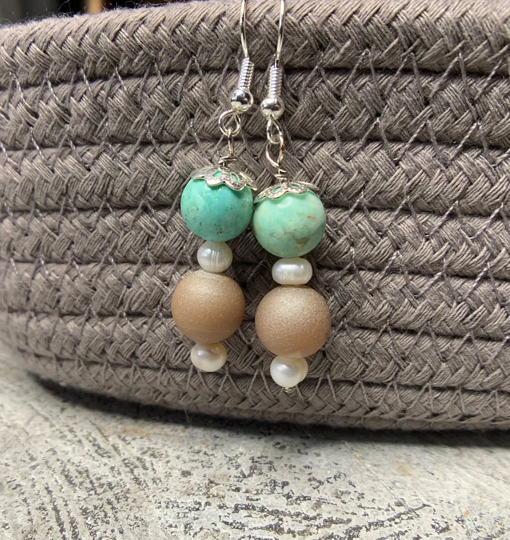 Turquoise, Freshwater Pearls & Champagne Stone Earrings