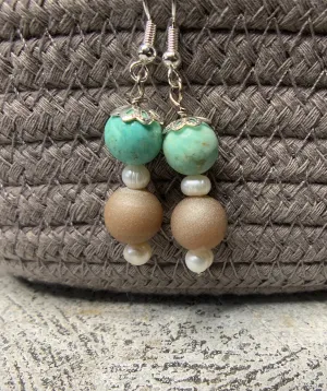 Turquoise, Freshwater Pearls & Champagne Stone Earrings