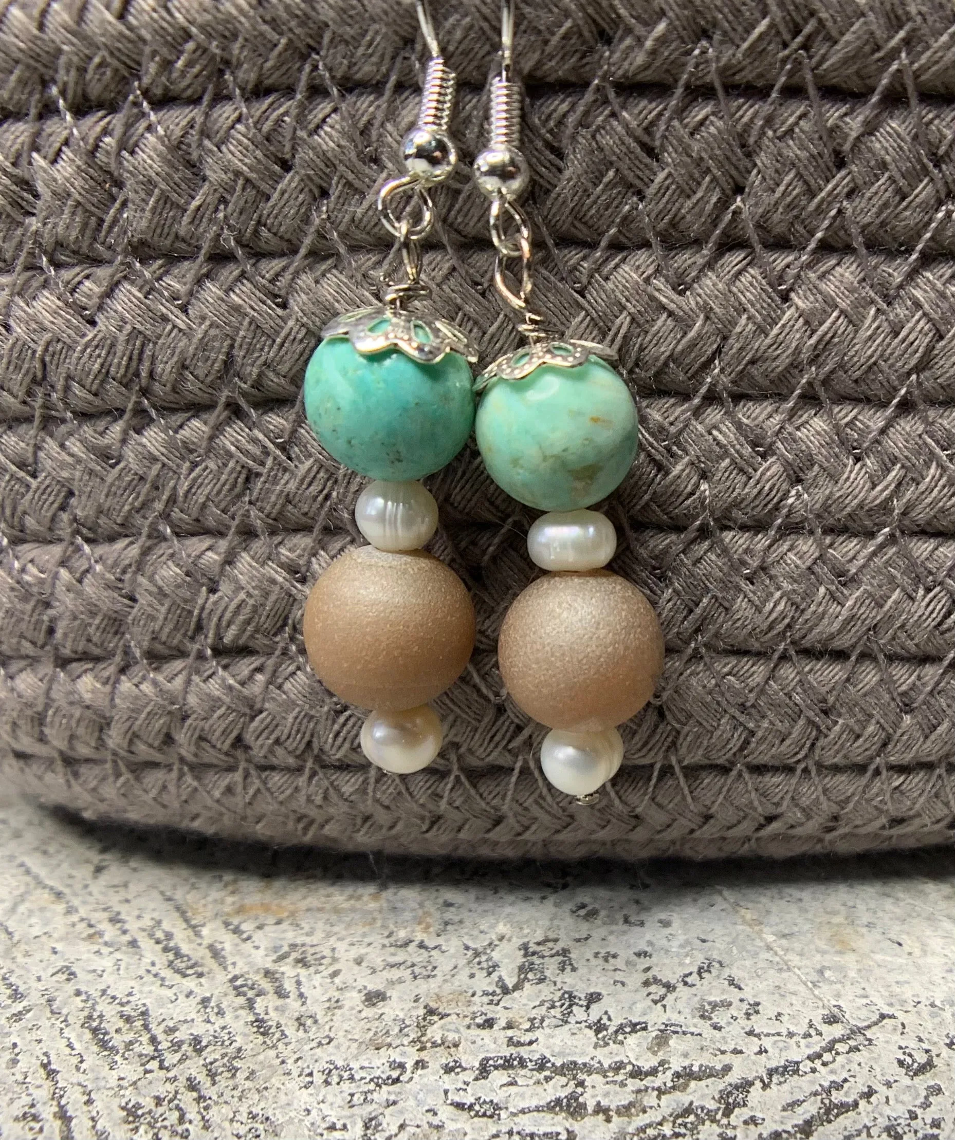 Turquoise, Freshwater Pearls & Champagne Stone Earrings