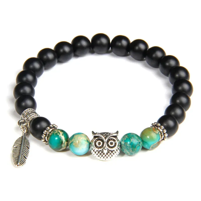 Unique Design Owl Wing Angel Charm Bracelet Natural Onyx Beaded Bracelet Women Imperial Quartz Beads Bracelet Energy Jewelry