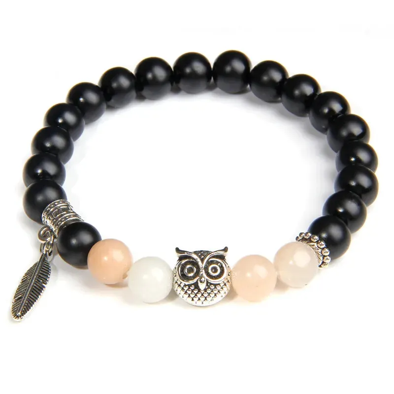 Unique Design Owl Wing Angel Charm Bracelet Natural Onyx Beaded Bracelet Women Imperial Quartz Beads Bracelet Energy Jewelry