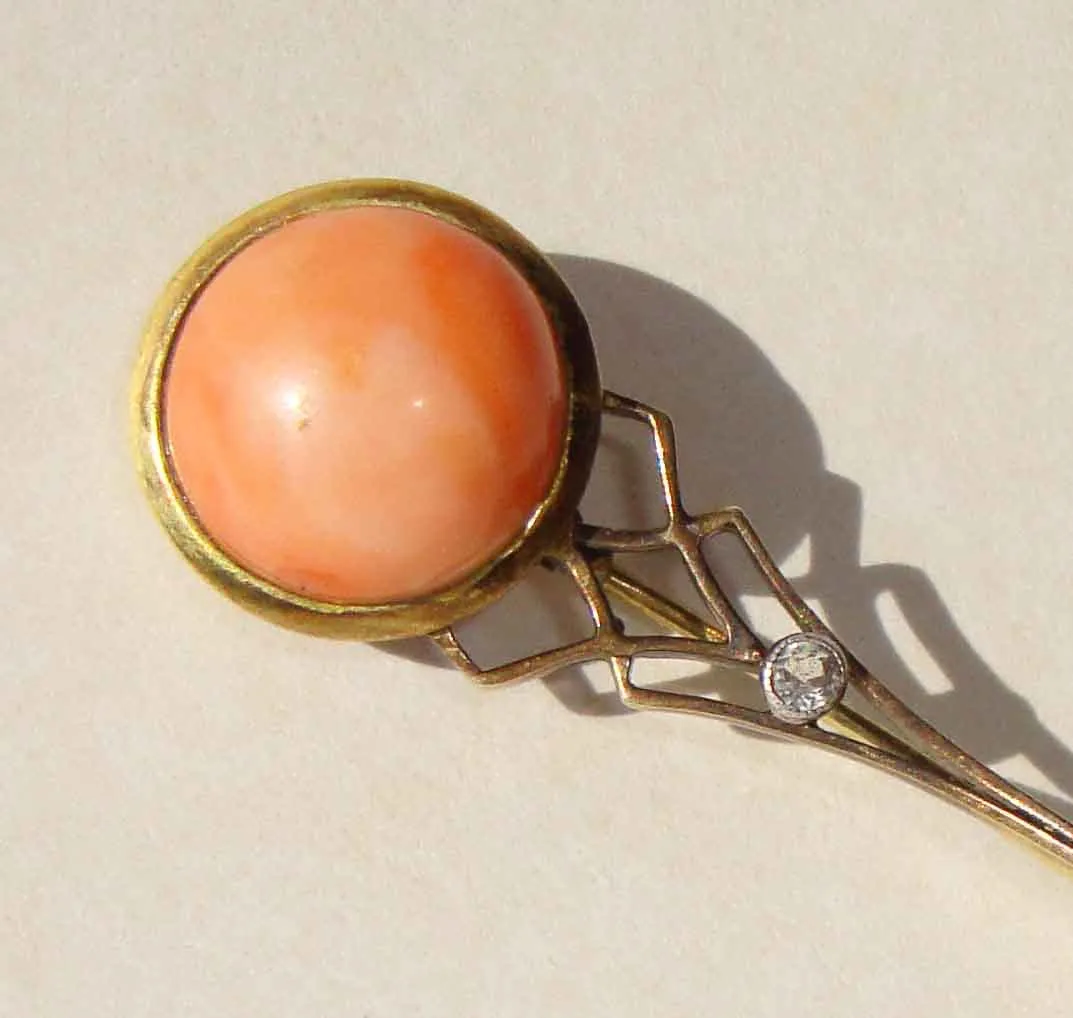 Victorian 14K Gold & Coral Brooch Pin