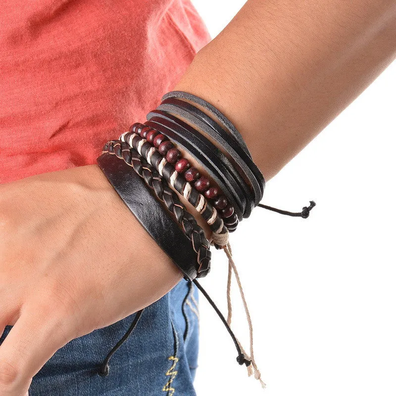 Vintage Cool Punk Men Bracelet Leather Bracelet Multilayer Braided Bracelet Wrap Adjustable Fashion Casual Jewelry 1Set (4PCs)