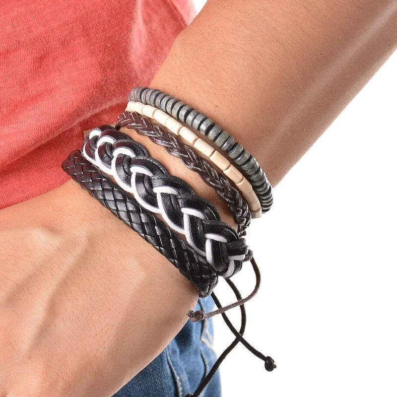 Vintage Cool Punk Men Bracelet Leather Bracelet Multilayer Braided Bracelet Wrap Adjustable Fashion Casual Jewelry 1Set (4PCs)