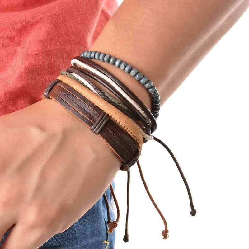 Vintage Cool Punk Men Bracelet Leather Bracelet Multilayer Braided Bracelet Wrap Adjustable Fashion Casual Jewelry 1Set (4PCs)