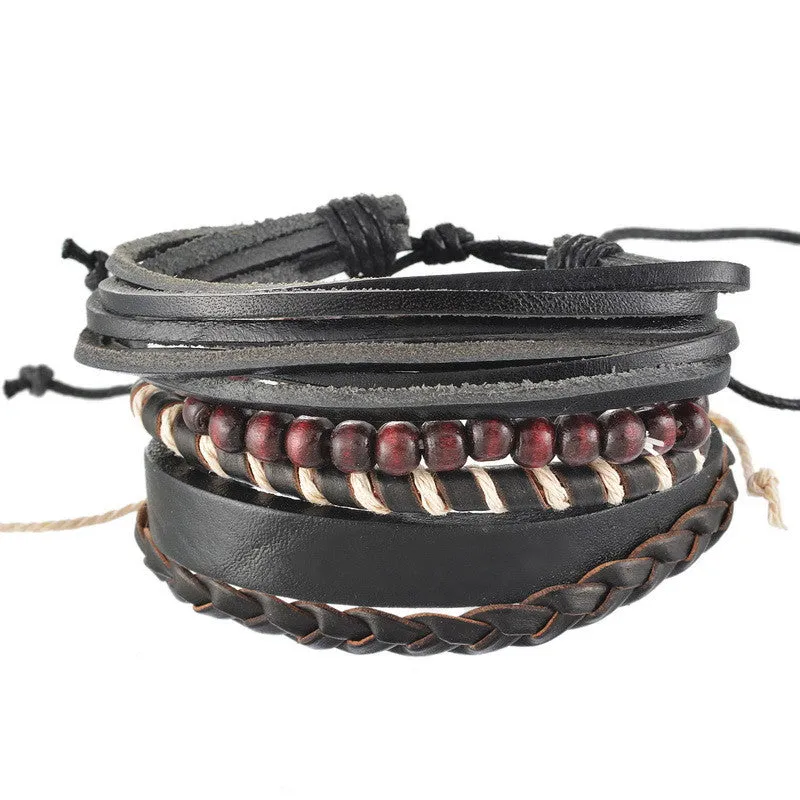 Vintage Cool Punk Men Bracelet Leather Bracelet Multilayer Braided Bracelet Wrap Adjustable Fashion Casual Jewelry 1Set (4PCs)