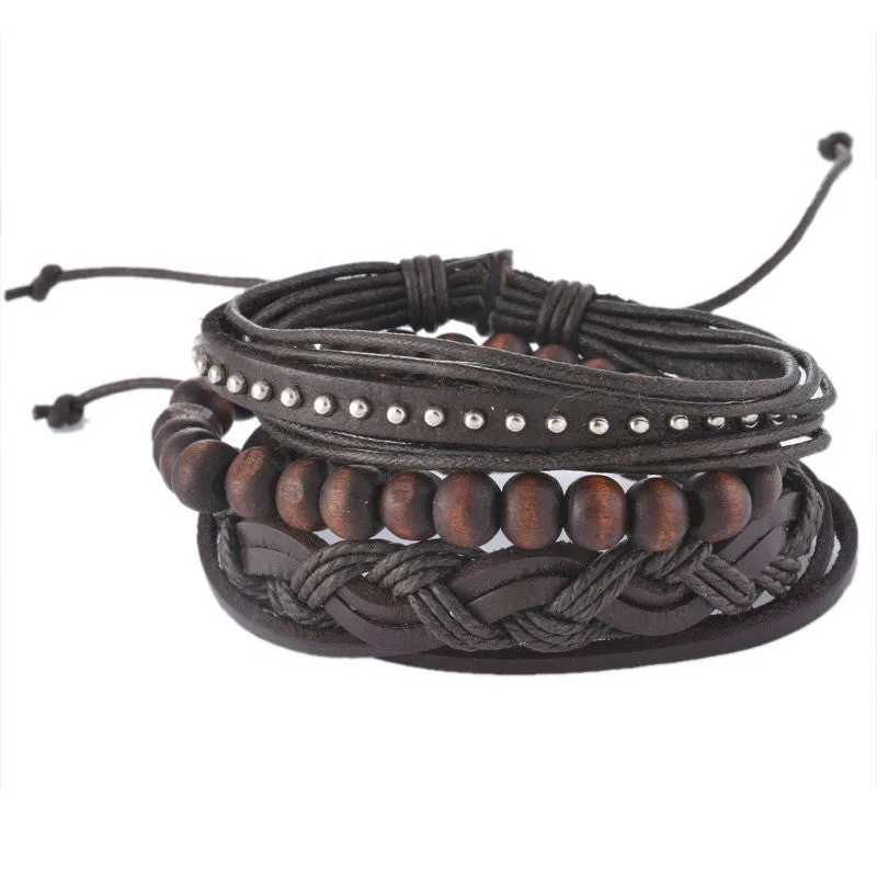 Vintage Cool Punk Men Bracelet Leather Bracelet Multilayer Braided Bracelet Wrap Adjustable Fashion Casual Jewelry 1Set (4PCs)