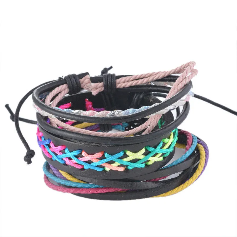 Vintage Cool Punk Men Bracelet Leather Bracelet Multilayer Braided Bracelet Wrap Adjustable Fashion Casual Jewelry 1Set (4PCs)