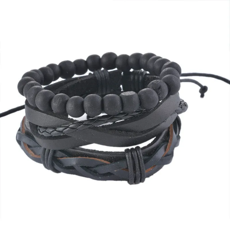 Vintage Cool Punk Men Bracelet Leather Bracelet Multilayer Braided Bracelet Wrap Adjustable Fashion Casual Jewelry 1Set (4PCs)