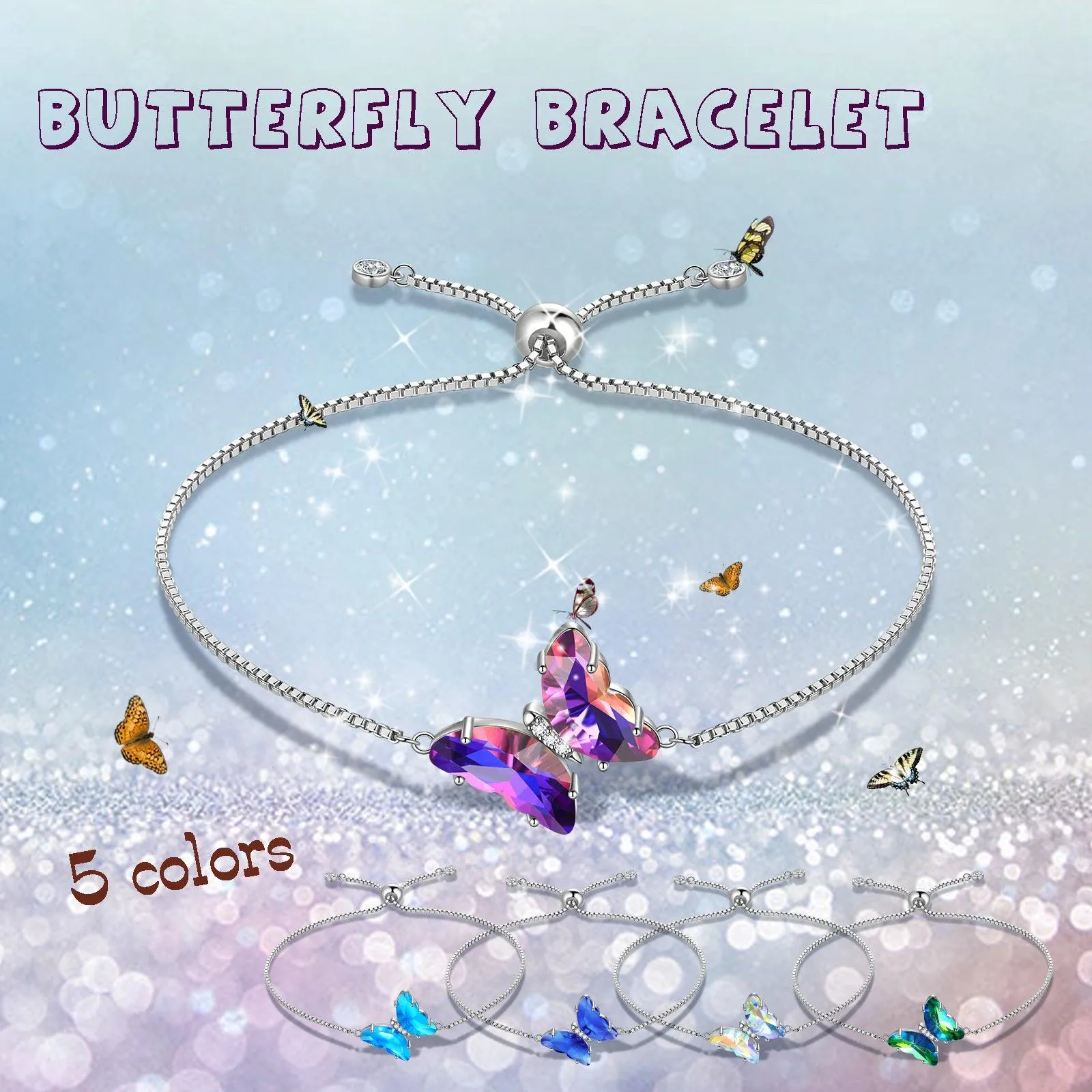 White Butterfly Bracelet April Diamond Birthstone Women Girls Jewelry Birthday Gift