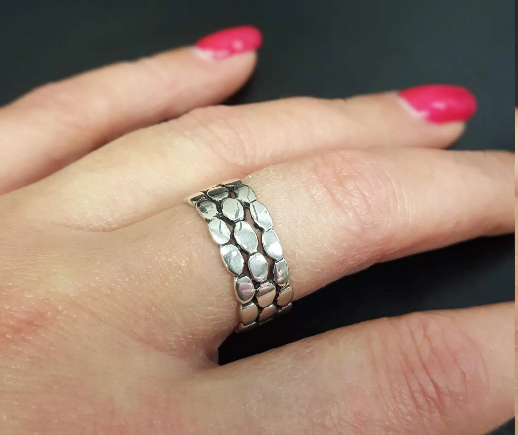 Wide Silver Band - Patterned Silver Ring - Stackable Statement Band