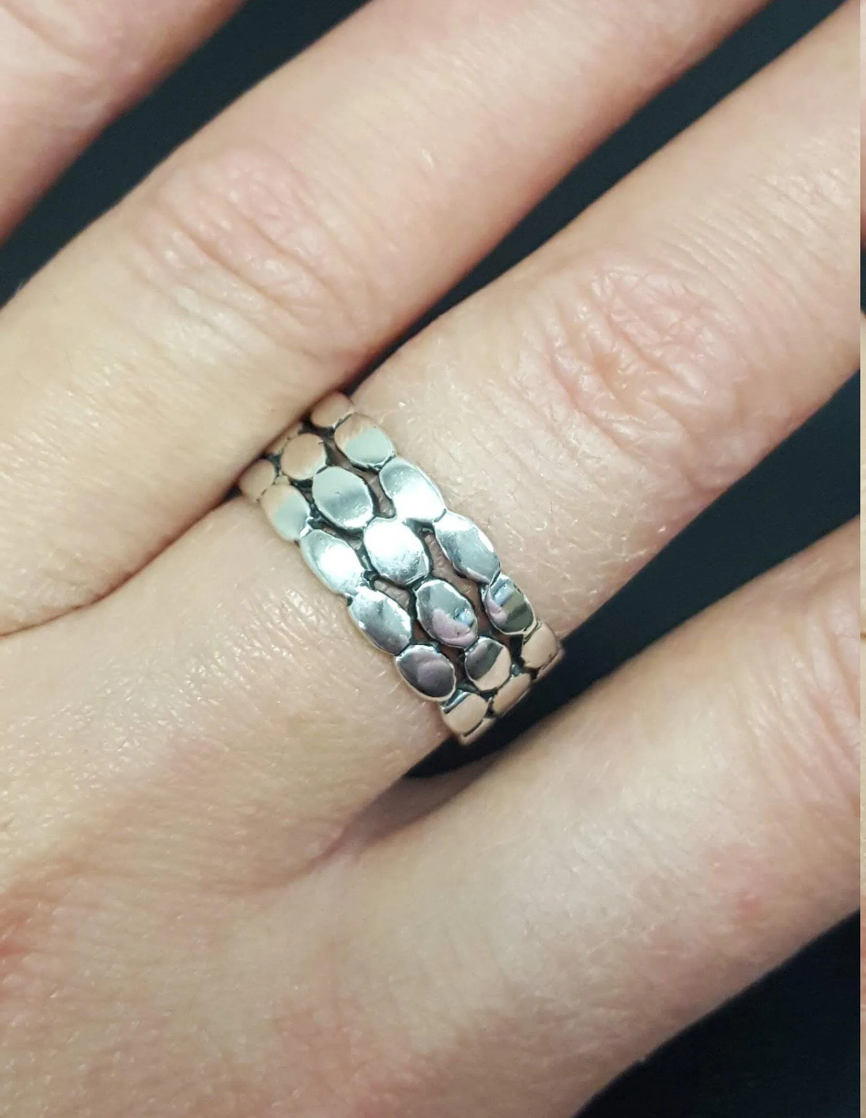 Wide Silver Band - Patterned Silver Ring - Stackable Statement Band