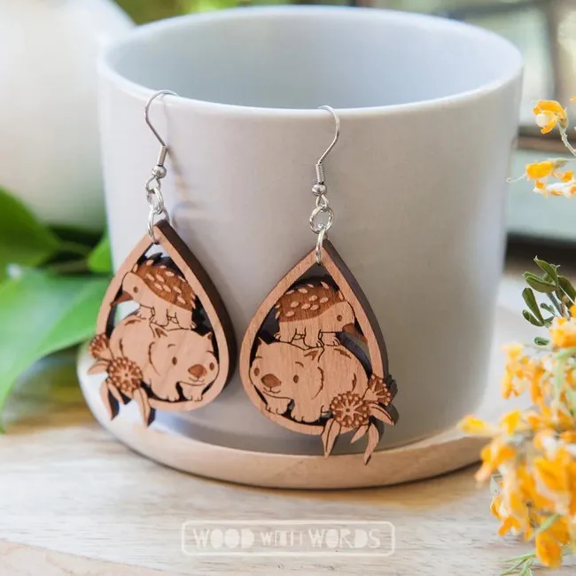 Wood With Words: Dangle Earrings Wombat Echidna